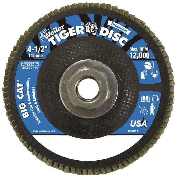Weiler - 4-1/2" 40 Grit 5/8-11 Center Hole Type 27 Zirconia Alumina Flap Disc - Exact Tool & Supply