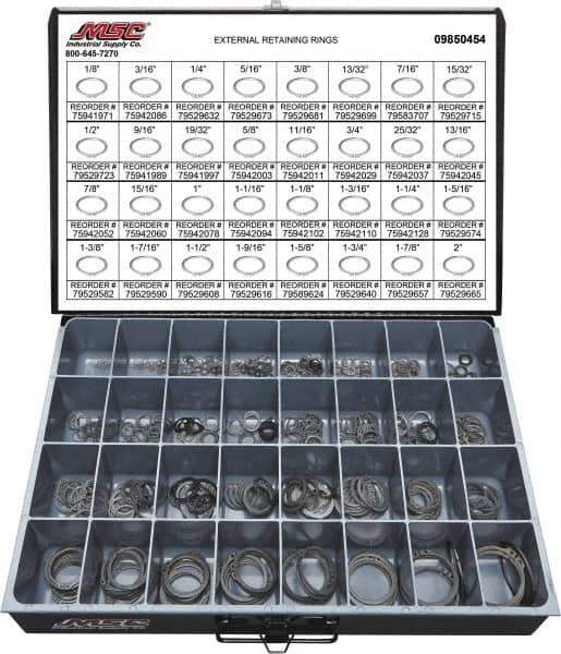 Value Collection - 665 Piece, 1/8 to 2", SpRing Assortment Steel, Snap External Retaining Ring Assortment - Includes Compartmented Case - Exact Tool & Supply