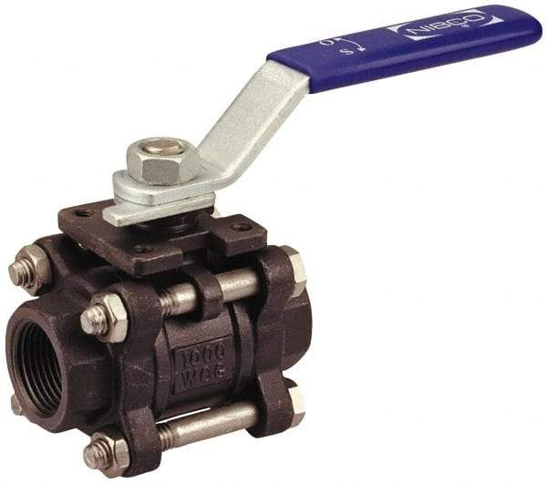 NIBCO - 1-1/4" Pipe, Full Port, Carbon Steel Standard Ball Valve - 3 Piece, Inline - One Way Flow, FNPT x FNPT Ends, Locking Lever Handle, 1,000 WOG - Exact Tool & Supply