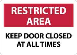 NMC - "Restricted Area - Keep Door Closed at All Times", 10" Long x 14" Wide, Aluminum Safety Sign - Rectangle, 0.04" Thick, Use for Security & Admittance - Exact Tool & Supply