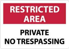 NMC - "Restricted Area - Private No Trespassing", 10" Long x 14" Wide, Aluminum Safety Sign - Rectangle, 0.04" Thick, Use for Security & Admittance - Exact Tool & Supply