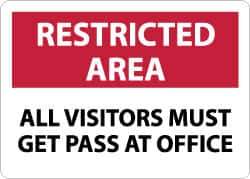 NMC - "Restricted Area - All Visitors Must Get Pass at Office", 10" Long x 14" Wide, Aluminum Safety Sign - Rectangle, 0.04" Thick, Use for Security & Admittance - Exact Tool & Supply