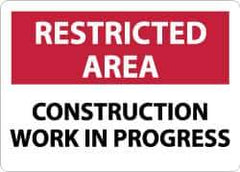 NMC - "Restricted Area - Construction Work in Progress", 10" Long x 14" Wide, Aluminum Safety Sign - Rectangle, 0.04" Thick, Use for Security & Admittance - Exact Tool & Supply