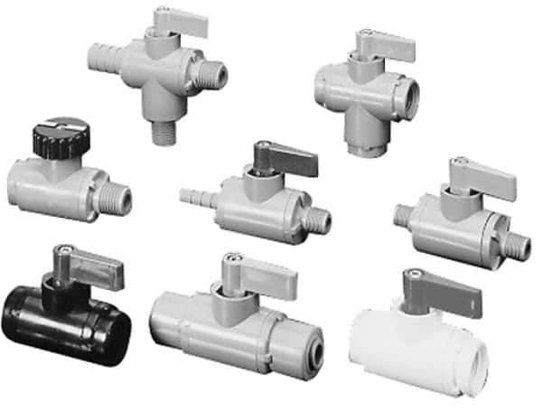 Specialty Mfr - 3/8" Pipe, Nylon Standard Ball Valve - Inline - Two Way Flow, Barbed x Barbed Ends, Wedge Handle, 125 WOG - Exact Tool & Supply