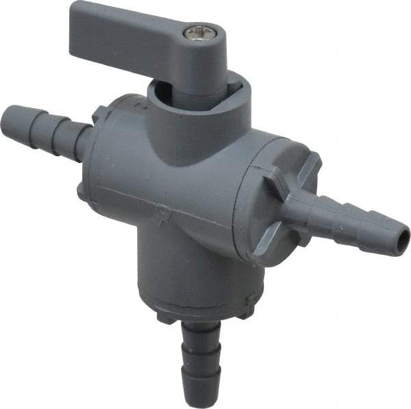 Specialty Mfr - 1/4" Pipe, PVC Standard Ball Valve - Three Way, Barbed x Barbed x Barbed Ends, Wedge Handle, 125 WOG - Exact Tool & Supply