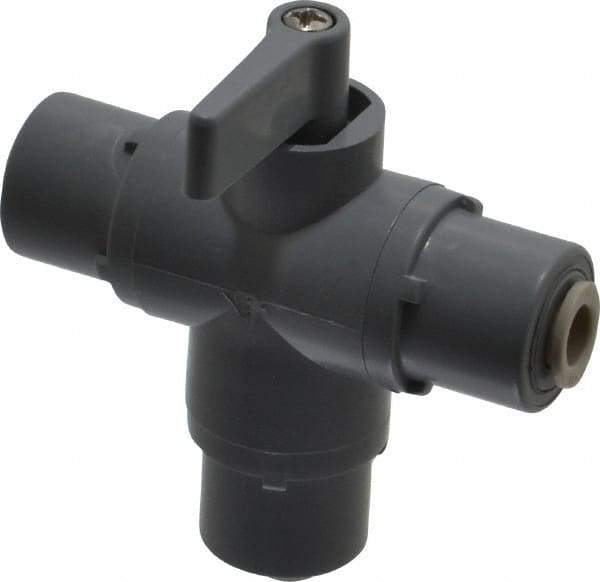 Specialty Mfr - 1/4" Pipe, PVC Standard Ball Valve - Three Way, Push-to-Connect x Push-to-Connect x Push-to-Connect Ends, Wedge Handle, 125 WOG - Exact Tool & Supply