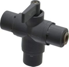 Specialty Mfr - 1/4" Pipe, PVC Standard Ball Valve - Three Way, Push-to-Connect x Push-to-Connect x Push-to-Connect Ends, Wedge Handle, 125 WOG - Exact Tool & Supply