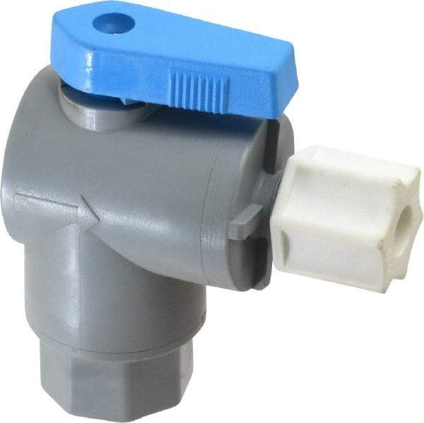 Specialty Mfr - 1/4" Pipe, PVC Standard Ball Valve - Right Angle, FNPT x Compression Ends, Wedge Handle, 125 WOG - Exact Tool & Supply