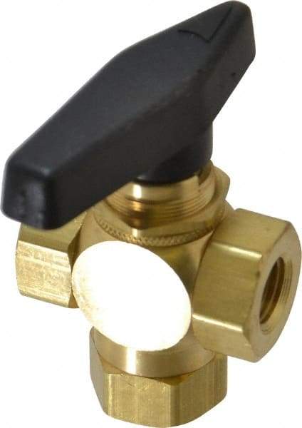 Specialty Mfr - 1/4" Pipe, Brass Standard Ball Valve - Three Way, FNPT x FNPT x FNPT Ends, Wedge Handle, 400 WOG - Exact Tool & Supply