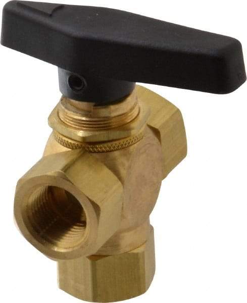 Specialty Mfr - 3/8" Pipe, Brass Standard Ball Valve - Three Way, FNPT x FNPT x FNPT Ends, Wedge Handle, 400 WOG - Exact Tool & Supply
