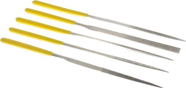 Value Collection - 5 Piece Diamond Pattern File Set - 5-1/2" Long, Medium Coarseness, Set Includes Flat, Round, Square, Three Square - Exact Tool & Supply