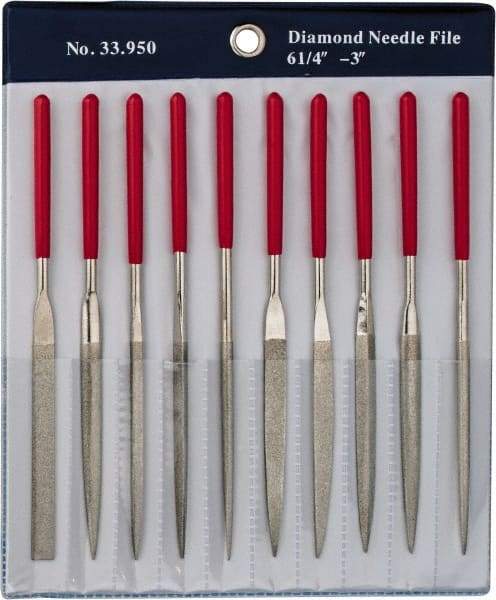Grobet - 10 Piece Diamond Pattern File Set - 6-1/4" Long, Medium Coarseness, Set Includes Flat, Round, Square, Three Square - Exact Tool & Supply