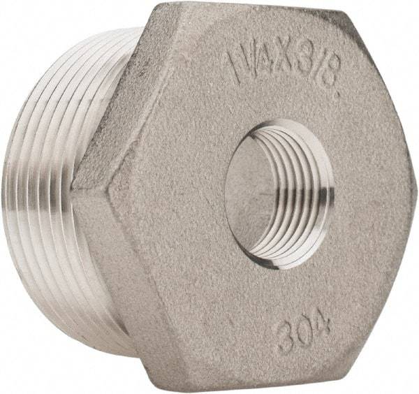 Merit Brass - 1-1/4 x 3/8" Grade 304 Stainless Steel Pipe Hex Bushing - MNPT x FNPT End Connections, 150 psi - Exact Tool & Supply