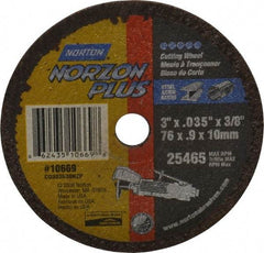 Norton - 3" Ceramic Cutoff Wheel - 0.035" Thick, 3/8" Arbor, 25,465 Max RPM, Use with Die Grinders - Exact Tool & Supply