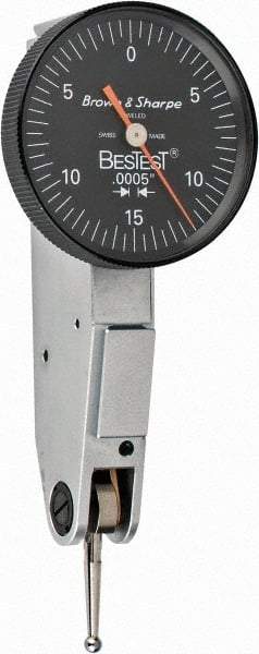 TESA Brown & Sharpe - 0.03 Inch Range, 0.0005 Inch Dial Graduation, Horizontal Dial Test Indicator - 1 Inch Black Dial, 0-15-0 Dial Reading - Exact Tool & Supply