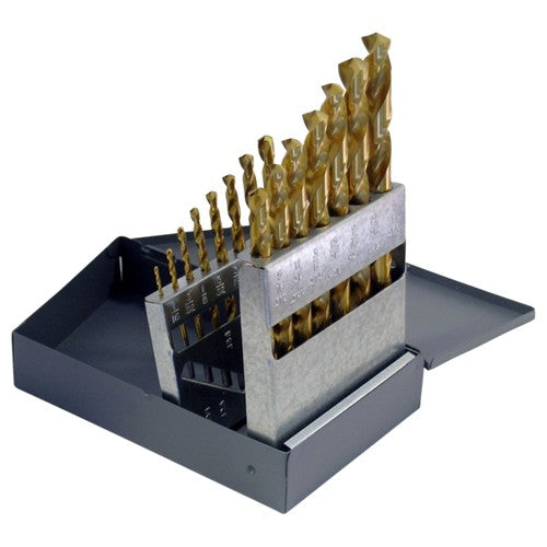 ‎1/16-1/2 RHS / RHC HSS 135 Degree Split Point Heavy Duty Jobber Length Drill Set - TiN - Exact Tool & Supply