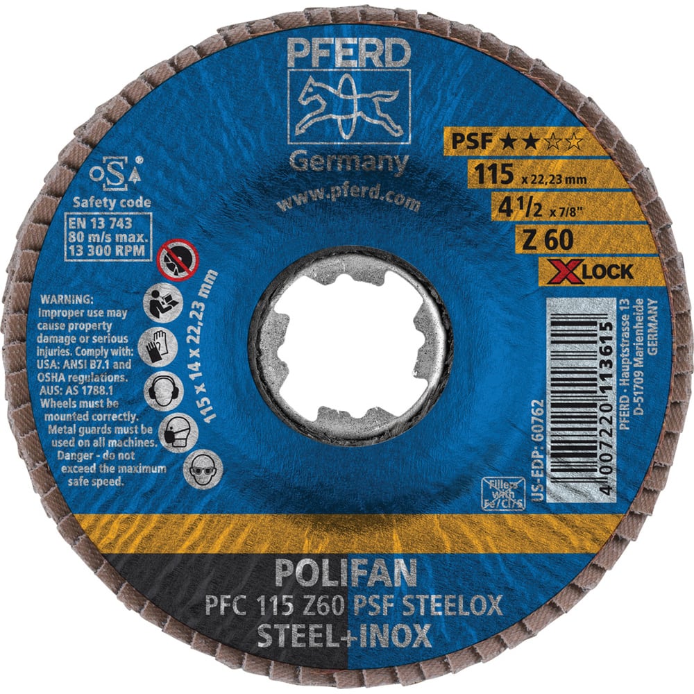 PFERD - Flap Discs; Abrasive Type: Coated ; Flap Disc Type: Type 29 ; Disc Diameter (Inch): 4-1/2 ; Abrasive Material: Zirconia Alumina ; Grit: 60 ; Attaching System: Quick Change X-Lock - Exact Tool & Supply