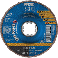 PFERD - Flap Discs; Abrasive Type: Coated ; Flap Disc Type: Type 29 ; Disc Diameter (Inch): 4-1/2 ; Abrasive Material: Zirconia Alumina ; Grit: 60 ; Attaching System: Quick Change X-Lock - Exact Tool & Supply
