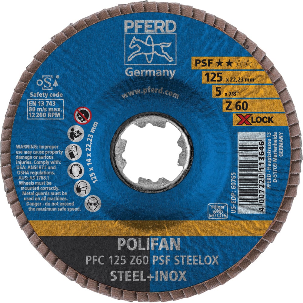 PFERD - Flap Discs; Abrasive Type: Coated ; Flap Disc Type: Type 29 ; Disc Diameter (Inch): 5 ; Abrasive Material: Zirconia Alumina ; Grit: 60 ; Attaching System: Quick Change X-Lock - Exact Tool & Supply