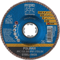 PFERD - Flap Discs; Abrasive Type: Coated ; Flap Disc Type: Type 29 ; Disc Diameter (Inch): 5 ; Abrasive Material: Zirconia Alumina ; Grit: 60 ; Attaching System: Quick Change X-Lock - Exact Tool & Supply