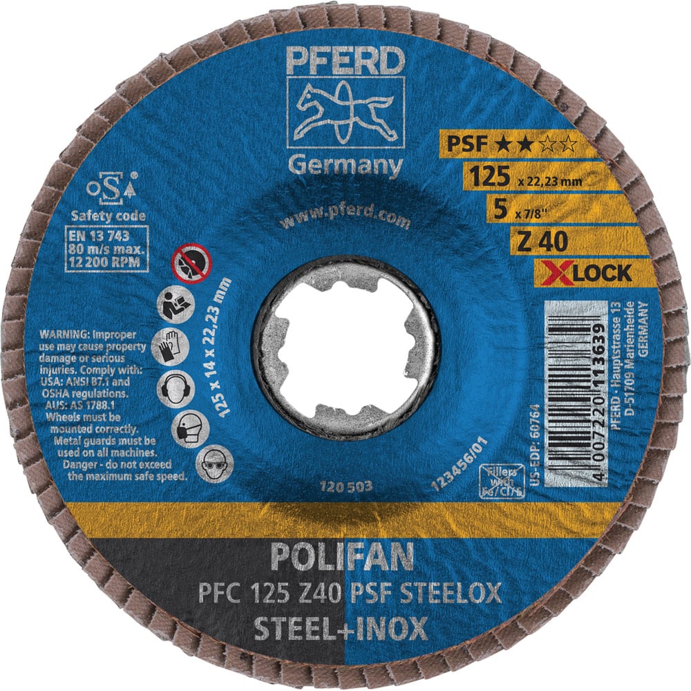 PFERD - Flap Discs; Abrasive Type: Coated ; Flap Disc Type: Type 29 ; Disc Diameter (Inch): 5 ; Abrasive Material: Zirconia Alumina ; Grit: 40 ; Attaching System: Quick Change X-Lock - Exact Tool & Supply