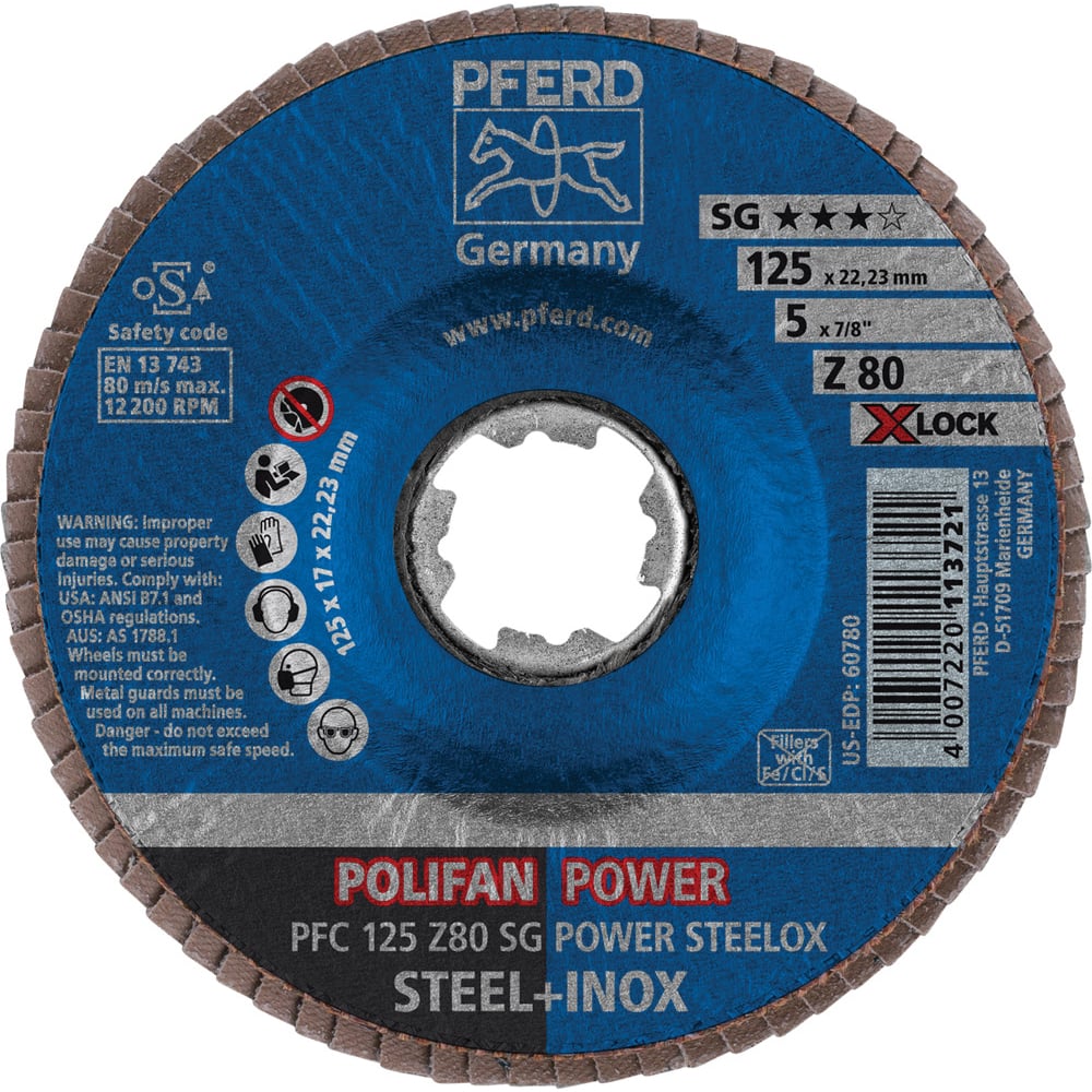 PFERD - Flap Discs; Abrasive Type: Coated ; Flap Disc Type: Type 29 ; Disc Diameter (Inch): 5 ; Abrasive Material: Zirconia Alumina ; Grit: 80 ; Attaching System: Quick Change X-Lock - Exact Tool & Supply