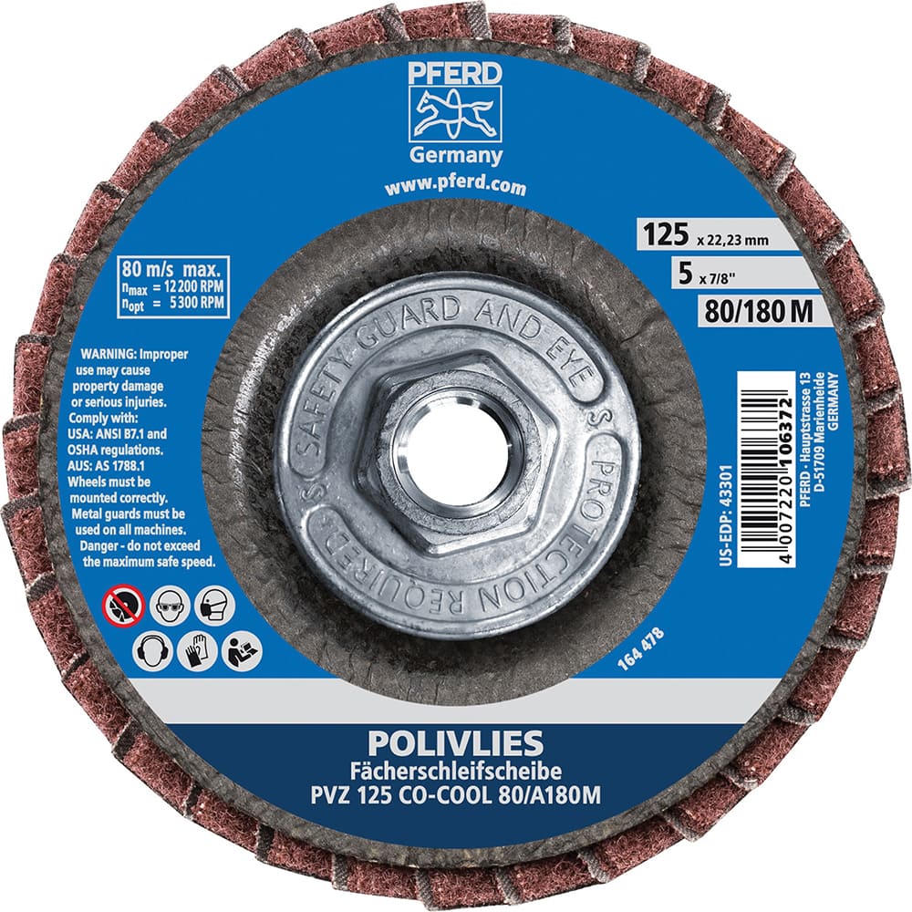 PFERD - Flap Discs; Abrasive Type: Coated & Non-Woven Combo ; Flap Disc Type: Compact ; Disc Diameter (Inch): 5 ; Abrasive Material: Ceramic Oxide ; Grit: 80 ; Attaching System: Hub - Exact Tool & Supply