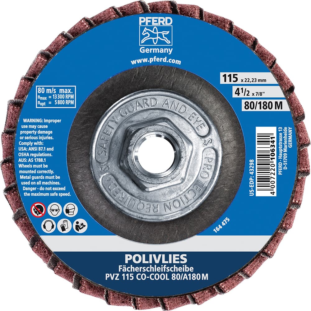 PFERD - Flap Discs; Abrasive Type: Coated & Non-Woven Combo ; Flap Disc Type: Compact ; Disc Diameter (Inch): 4-1/2 ; Abrasive Material: Ceramic Oxide ; Grit: 80 ; Attaching System: Hub - Exact Tool & Supply