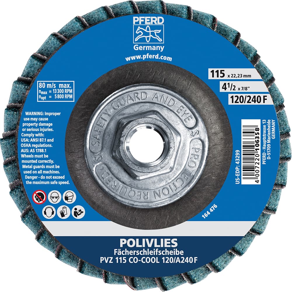 PFERD - Flap Discs; Abrasive Type: Coated & Non-Woven Combo ; Flap Disc Type: Compact ; Disc Diameter (Inch): 4-1/2 ; Abrasive Material: Ceramic Oxide ; Grit: 120 ; Attaching System: Hub - Exact Tool & Supply