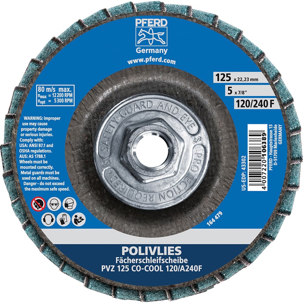 PFERD - Flap Discs; Abrasive Type: Coated & Non-Woven Combo ; Flap Disc Type: Compact ; Disc Diameter (Inch): 5 ; Abrasive Material: Ceramic Oxide ; Grit: 120 ; Attaching System: Hub - Exact Tool & Supply