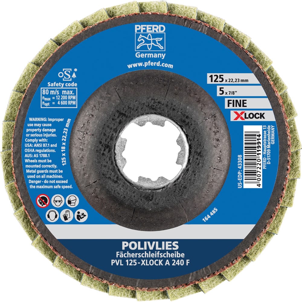 PFERD - Flap Discs; Abrasive Type: Non-Woven ; Flap Disc Type: Compact ; Disc Diameter (Inch): 5 ; Abrasive Material: Aluminum Oxide ; Grit: 240 ; Attaching System: Quick Change X-Lock - Exact Tool & Supply