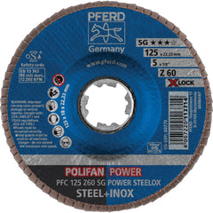 PFERD - Flap Discs; Abrasive Type: Coated ; Flap Disc Type: Type 29 ; Disc Diameter (Inch): 5 ; Abrasive Material: Zirconia Alumina ; Grit: 60 ; Attaching System: Quick Change X-Lock - Exact Tool & Supply