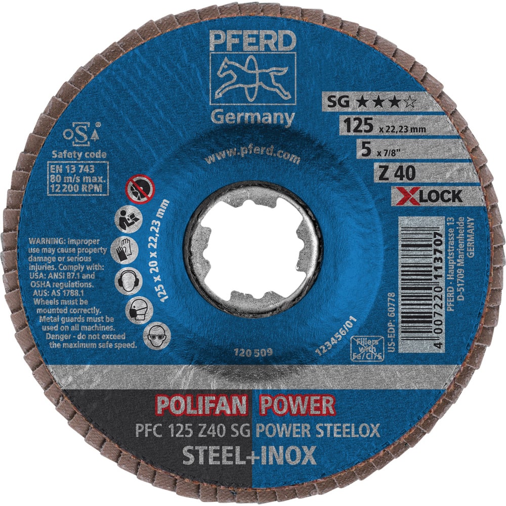 PFERD - Flap Discs; Abrasive Type: Coated ; Flap Disc Type: Type 29 ; Disc Diameter (Inch): 5 ; Abrasive Material: Zirconia Alumina ; Grit: 40 ; Attaching System: Quick Change X-Lock - Exact Tool & Supply
