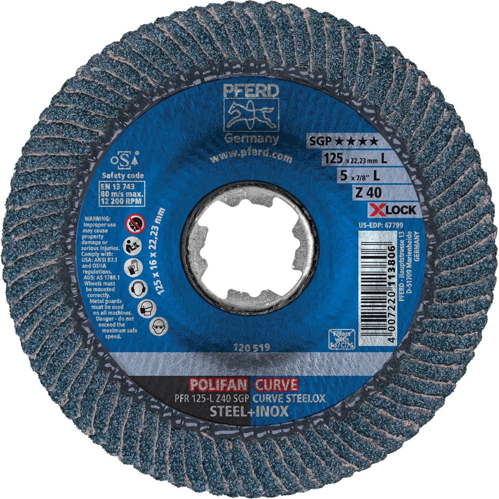 PFERD - Flap Discs; Abrasive Type: Coated ; Flap Disc Type: Compact ; Disc Diameter (Inch): 5 ; Abrasive Material: Zirconia Alumina ; Grit: 40 ; Attaching System: Quick Change X-Lock - Exact Tool & Supply