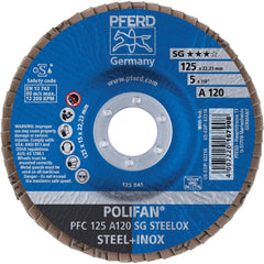 PFERD - Flap Discs; Abrasive Type: Coated ; Flap Disc Type: Type 29 ; Disc Diameter (Inch): 5 ; Abrasive Material: Aluminum Oxide ; Grit: 120 ; Attaching System: Arbor - Exact Tool & Supply