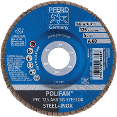 PFERD - Flap Discs; Abrasive Type: Coated ; Flap Disc Type: Type 29 ; Disc Diameter (Inch): 5 ; Abrasive Material: Aluminum Oxide ; Grit: 60 ; Attaching System: Arbor - Exact Tool & Supply