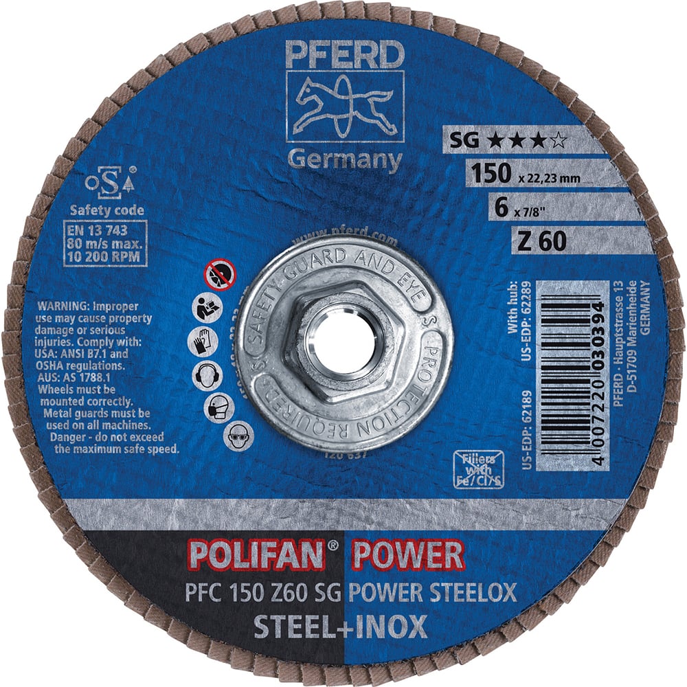 PFERD - Flap Discs; Abrasive Type: Coated ; Flap Disc Type: Type 29 ; Disc Diameter (Inch): 6 ; Abrasive Material: Zirconia Alumina ; Grit: 60 ; Attaching System: Threaded Hole - Exact Tool & Supply