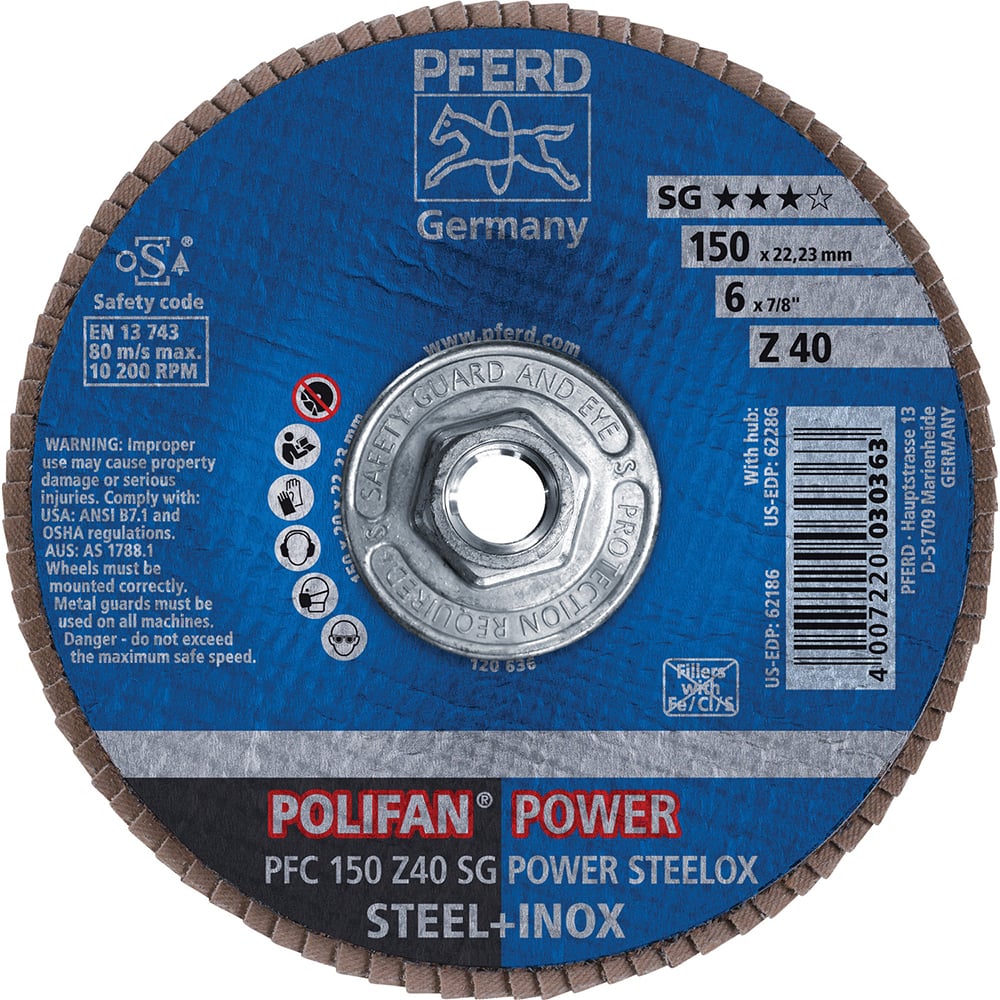 PFERD - Flap Discs; Abrasive Type: Coated ; Flap Disc Type: Type 29 ; Disc Diameter (Inch): 6 ; Abrasive Material: Zirconia Alumina ; Grit: 40 ; Attaching System: Threaded Hole - Exact Tool & Supply