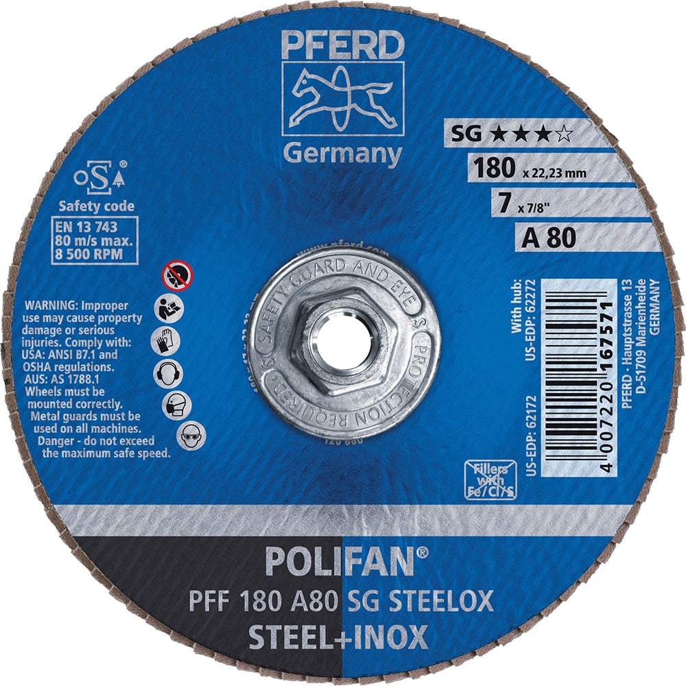 PFERD - Flap Discs; Abrasive Type: Coated ; Flap Disc Type: Type 27 ; Disc Diameter (Inch): 7 ; Abrasive Material: Aluminum Oxide ; Grit: 80 ; Attaching System: Threaded Hole - Exact Tool & Supply