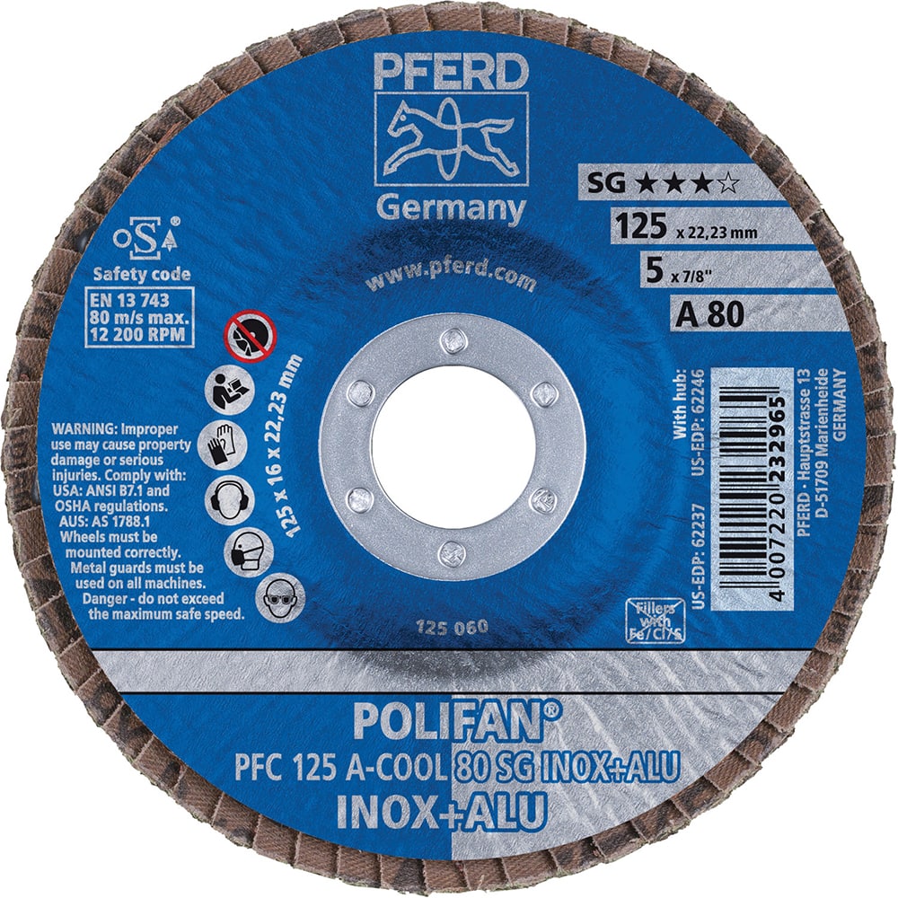 PFERD - Flap Discs; Abrasive Type: Coated ; Flap Disc Type: Type 29 ; Disc Diameter (Inch): 5 ; Abrasive Material: Aluminum Oxide ; Grit: 80 ; Attaching System: Arbor - Exact Tool & Supply