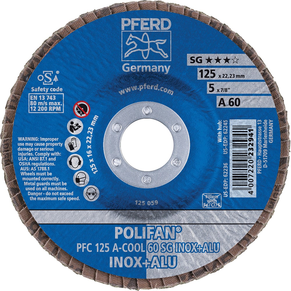PFERD - Flap Discs; Abrasive Type: Coated ; Flap Disc Type: Type 29 ; Disc Diameter (Inch): 5 ; Abrasive Material: Aluminum Oxide ; Grit: 60 ; Attaching System: Arbor - Exact Tool & Supply