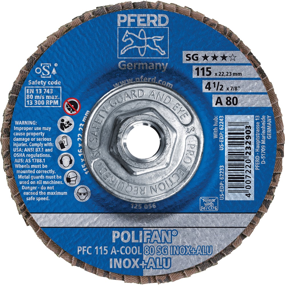 PFERD - Flap Discs; Abrasive Type: Coated ; Flap Disc Type: Type 29 ; Disc Diameter (Inch): 4-1/2 ; Abrasive Material: Aluminum Oxide ; Grit: 80 ; Attaching System: Threaded Hole - Exact Tool & Supply