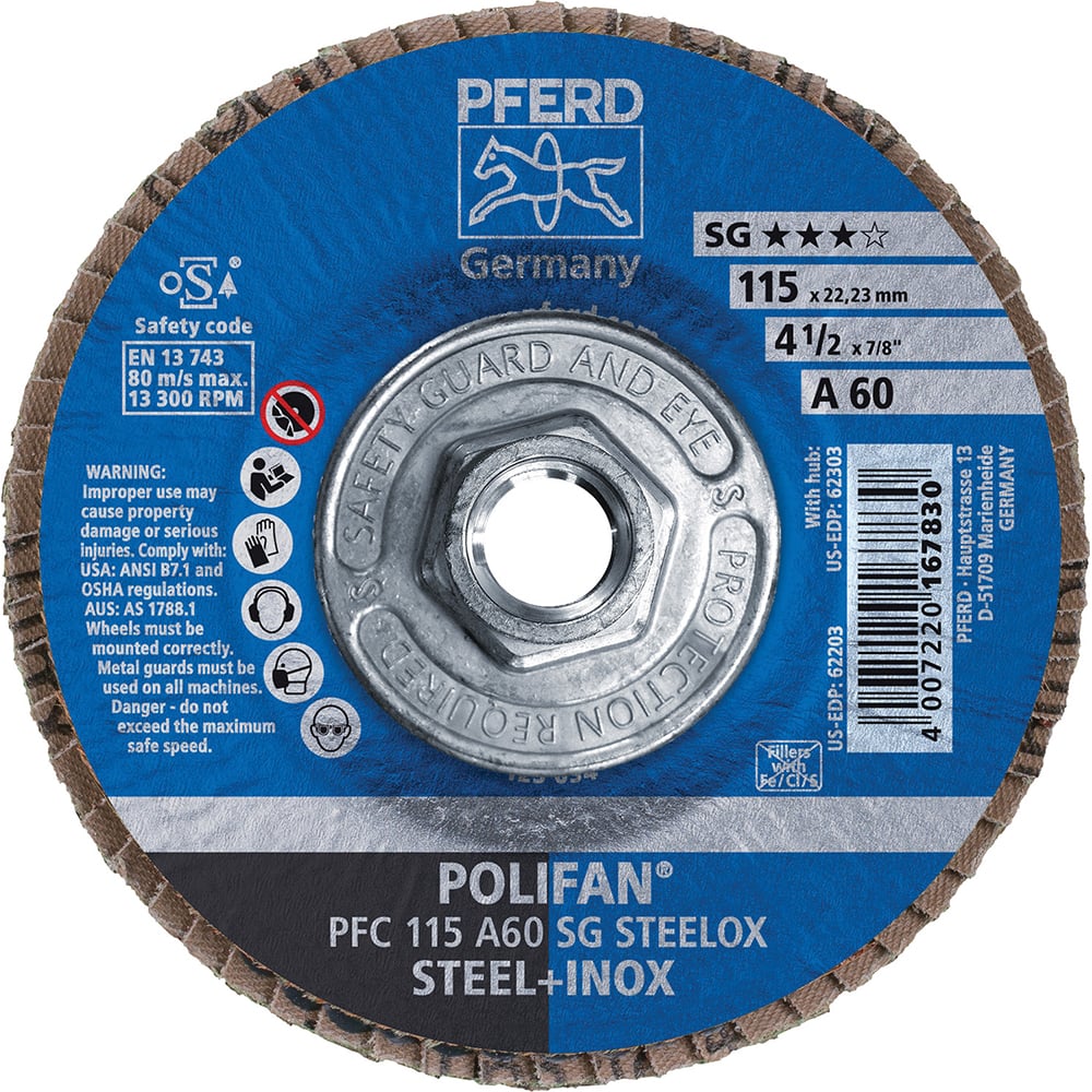 PFERD - Flap Discs; Abrasive Type: Coated ; Flap Disc Type: Type 29 ; Disc Diameter (Inch): 4-1/2 ; Abrasive Material: Aluminum Oxide ; Grit: 60 ; Attaching System: Threaded Hole - Exact Tool & Supply