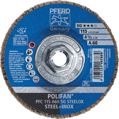PFERD - Flap Discs; Abrasive Type: Coated ; Flap Disc Type: Type 29 ; Disc Diameter (Inch): 4-1/2 ; Abrasive Material: Aluminum Oxide ; Grit: 60 ; Attaching System: Threaded Hole - Exact Tool & Supply