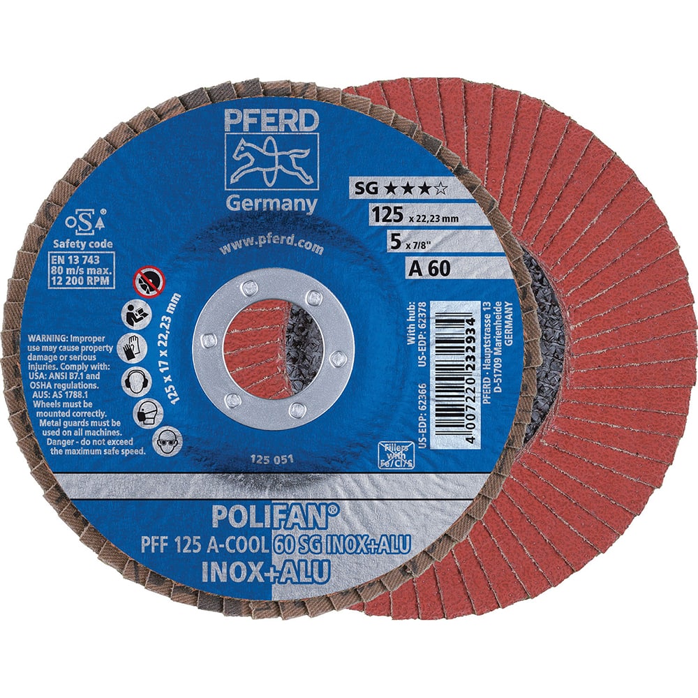 PFERD - Flap Discs; Abrasive Type: Coated ; Flap Disc Type: Type 27 ; Disc Diameter (Inch): 5 ; Abrasive Material: Aluminum Oxide ; Grit: 60 ; Attaching System: Arbor - Exact Tool & Supply