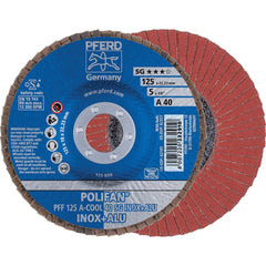 PFERD - Flap Discs; Abrasive Type: Coated ; Flap Disc Type: Type 27 ; Disc Diameter (Inch): 5 ; Abrasive Material: Aluminum Oxide ; Grit: 40 ; Attaching System: Arbor - Exact Tool & Supply