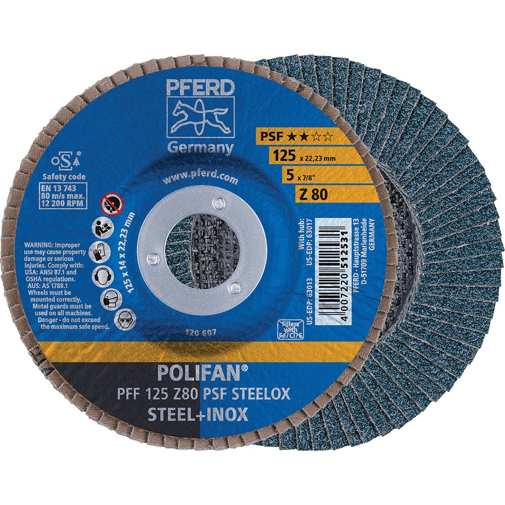 PFERD - Flap Discs; Abrasive Type: Coated ; Flap Disc Type: Type 27 ; Disc Diameter (Inch): 5 ; Abrasive Material: Zirconia Alumina ; Grit: 80 ; Attaching System: Arbor - Exact Tool & Supply