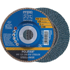 PFERD - Flap Discs; Abrasive Type: Coated ; Flap Disc Type: Type 27 ; Disc Diameter (Inch): 5 ; Abrasive Material: Zirconia Alumina ; Grit: 80 ; Attaching System: Arbor - Exact Tool & Supply