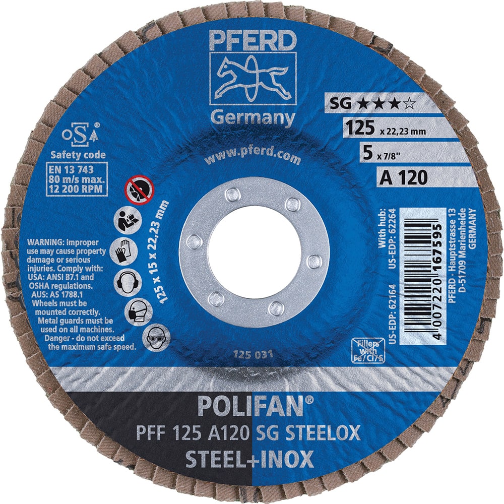 PFERD - Flap Discs; Abrasive Type: Coated ; Flap Disc Type: Type 27 ; Disc Diameter (Inch): 5 ; Abrasive Material: Aluminum Oxide ; Grit: 120 ; Attaching System: Arbor - Exact Tool & Supply