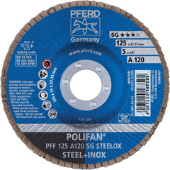 PFERD - Flap Discs; Abrasive Type: Coated ; Flap Disc Type: Type 27 ; Disc Diameter (Inch): 5 ; Abrasive Material: Aluminum Oxide ; Grit: 120 ; Attaching System: Arbor - Exact Tool & Supply